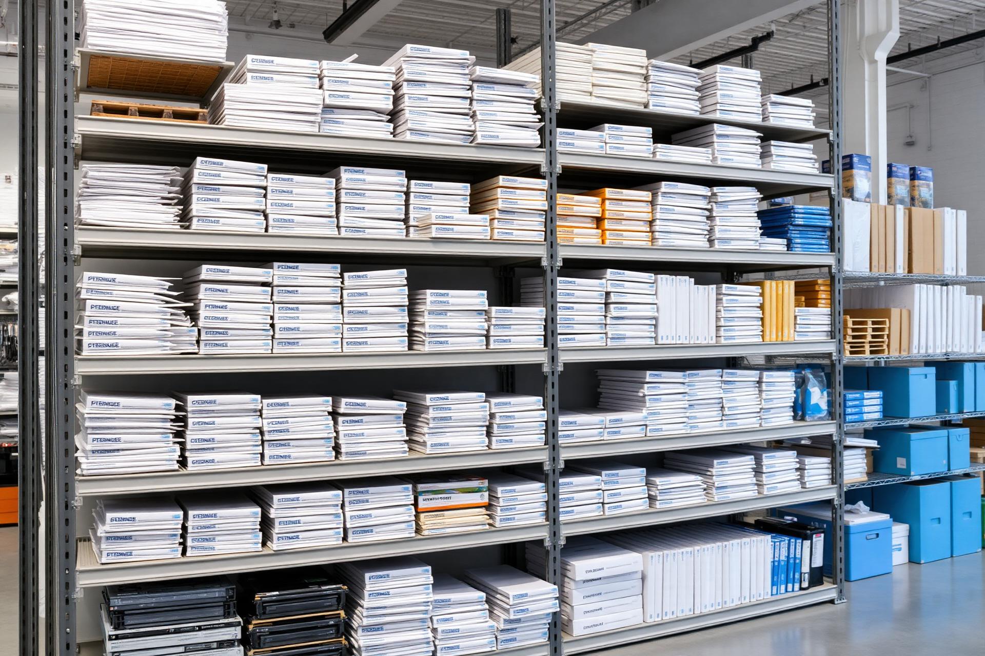 Neatly organised office supplies on warehouse shelving