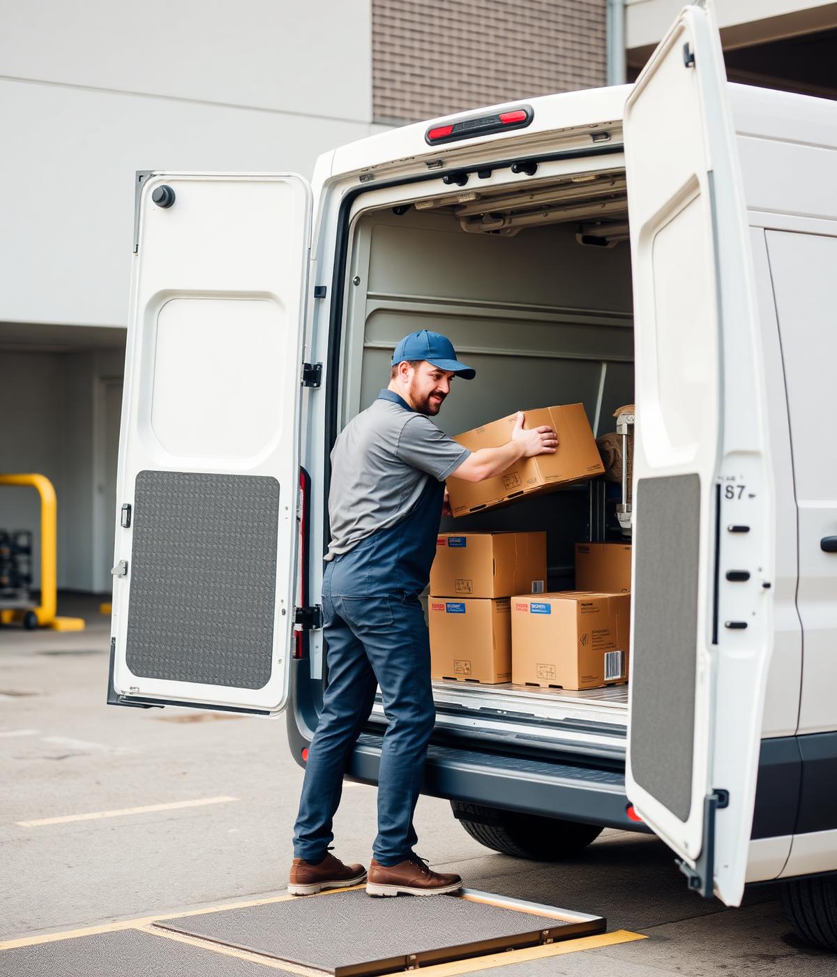 Warehouse worker loading cartons into a delivery van at the dock