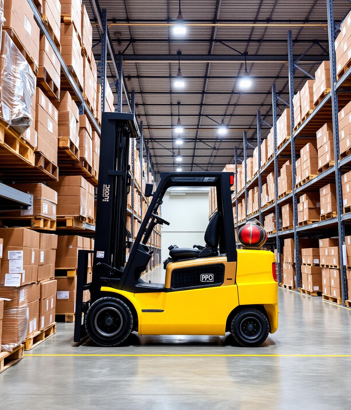 Forklift and racked pallets inside a NexCorp distribution centre